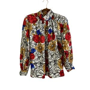 Vintage Tess Baroque Floral Rose Mock Neck Blouse Shirt Sz 10 Whimsigoth Draped
